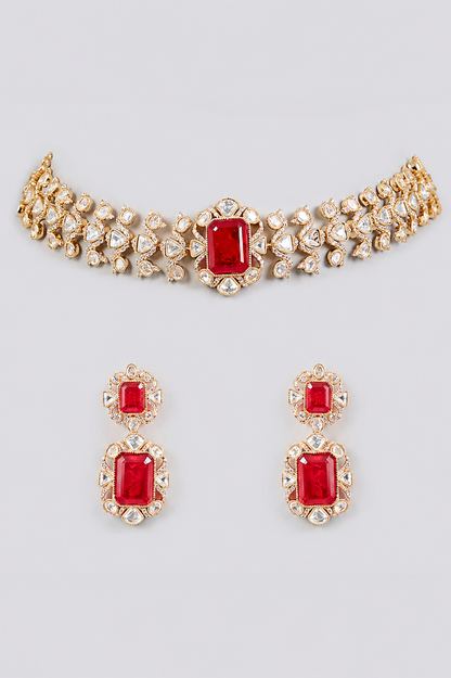 Saanvika Red Kundan Necklace Set