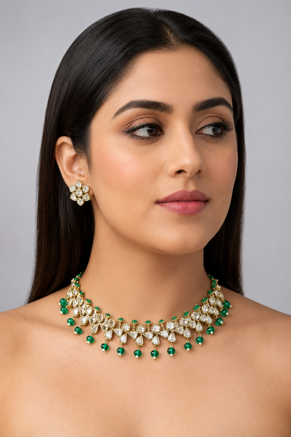 Tarasha Green Two Tone Finish Polki Necklace Set