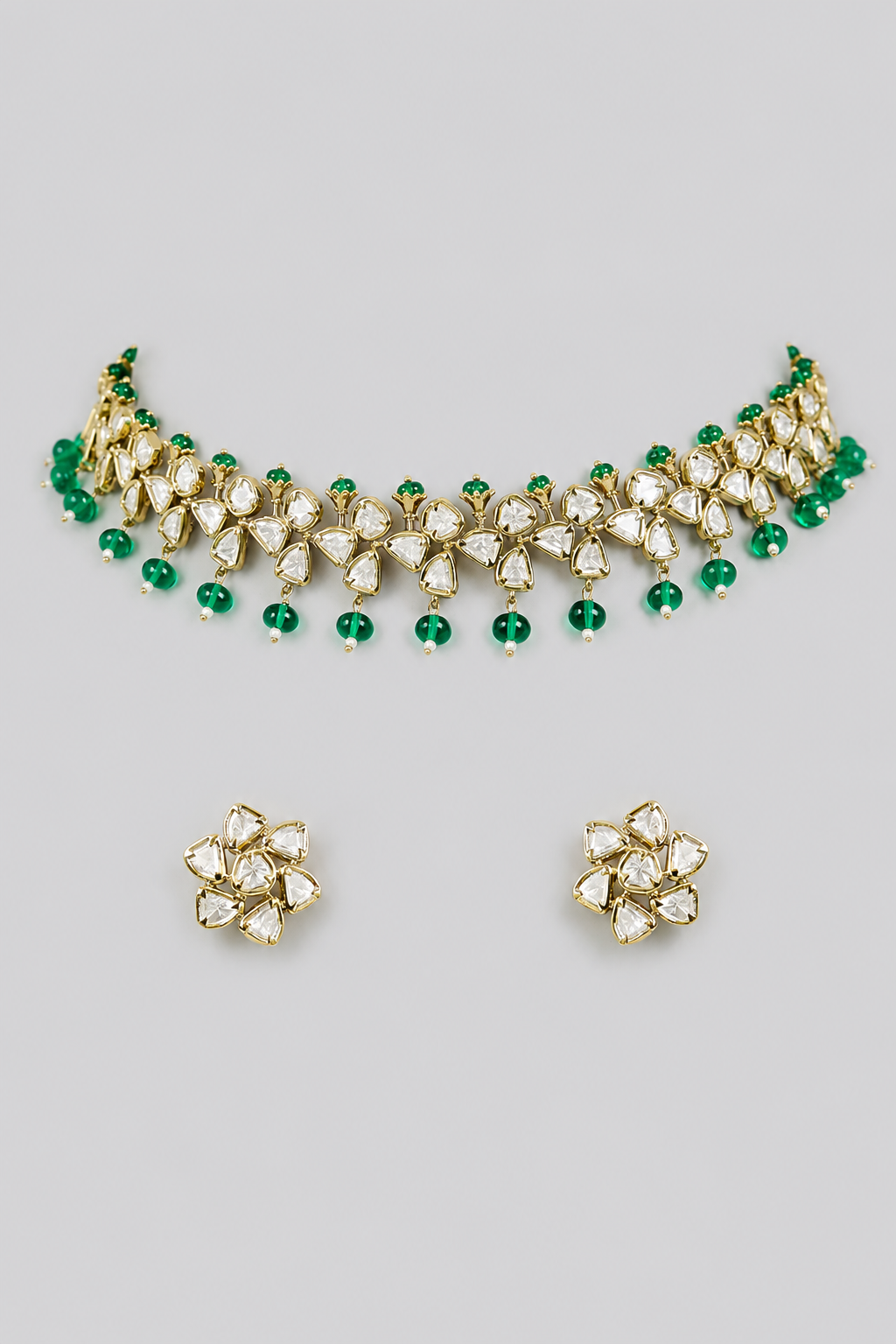 Tarasha Green Two Tone Finish Polki Necklace Set