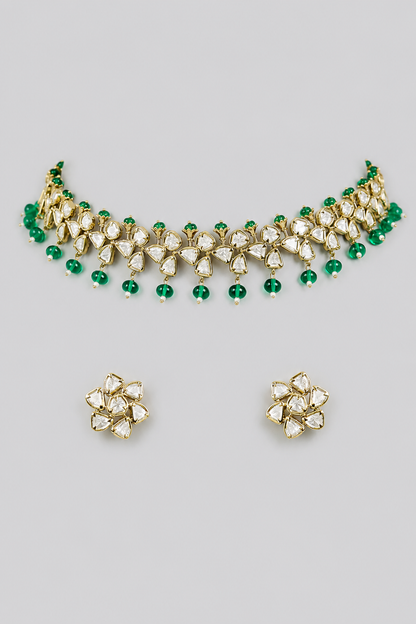 Tarasha Green Two Tone Finish Polki Necklace Set