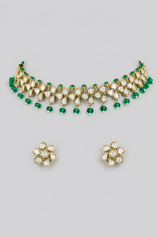 Tarasha Green Two Tone Finish Polki Necklace Set