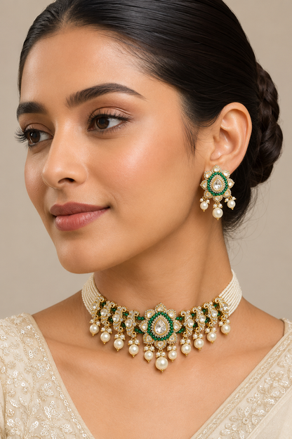 Sharvani Green Pearl Kundan Choker