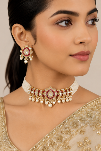 Sharvani Red Pearl Kundan Choker