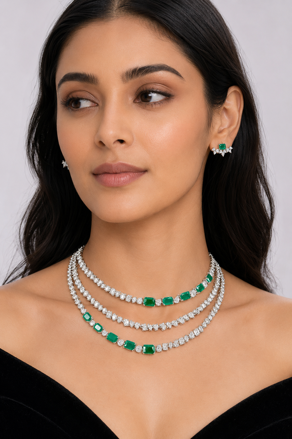 Avyanna Emerald White Finish Diamond Necklace Set