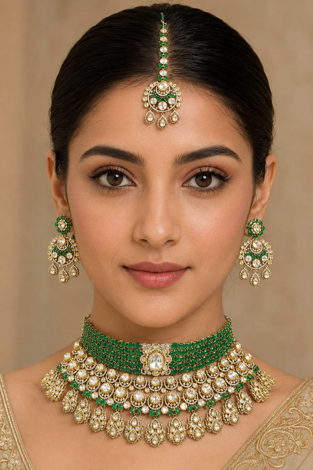 Aarika Two Tone Finish Green Polki Bridal Set