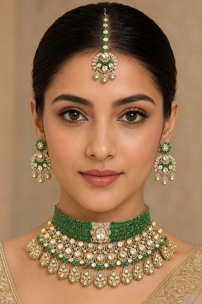 Aarika Two Tone Finish Green Polki Bridal Set