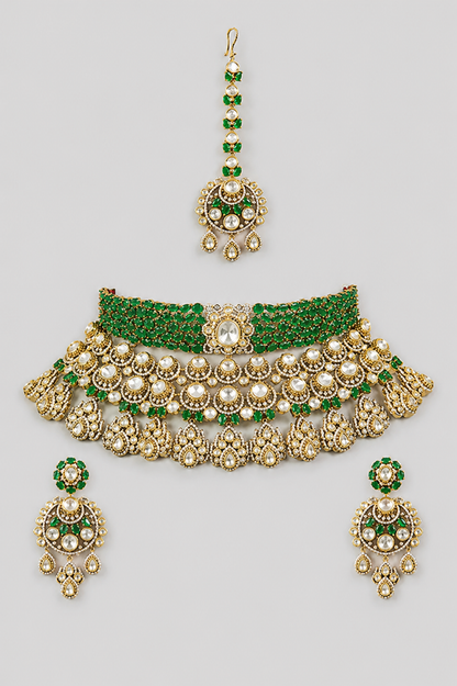 Aarika Two Tone Finish Green Polki Bridal Set