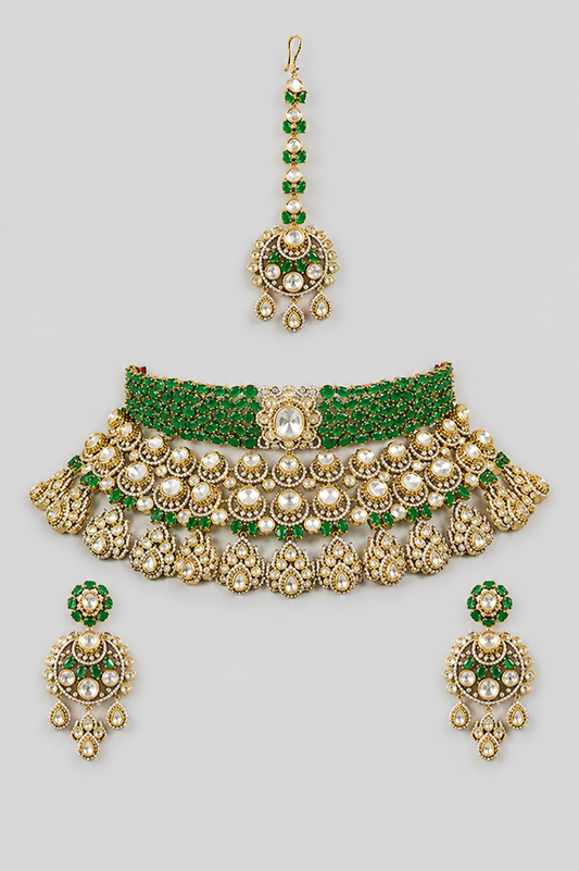 Aarika Two Tone Finish Green Polki Bridal Set