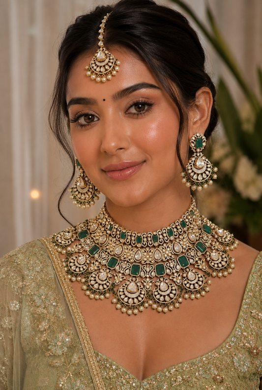 Ishani Two Tone Finish Green Polki Bridal Set