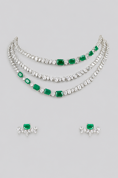 Avyanna Emerald White Finish Diamond Necklace Set