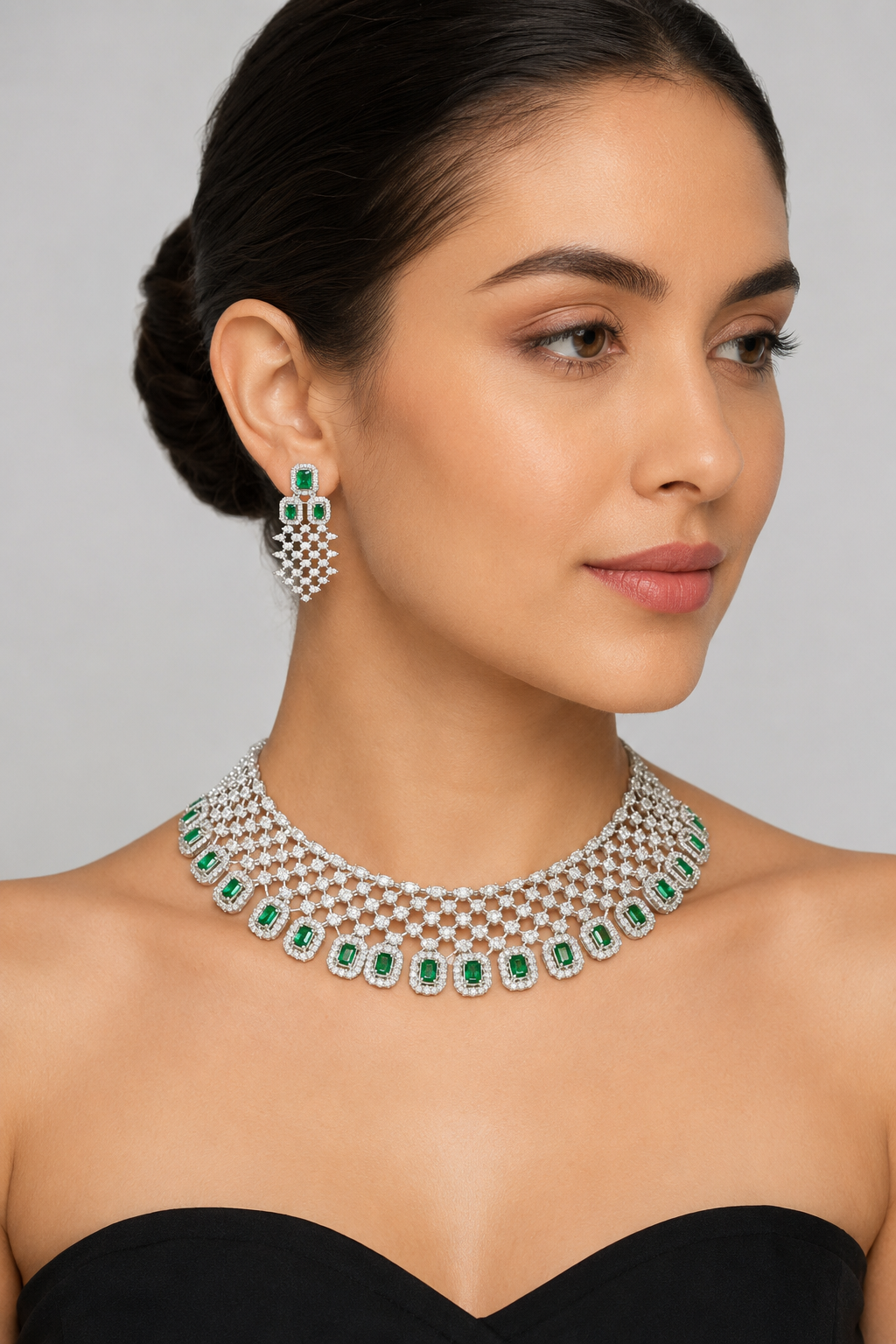 Ridhira Emerald White Finish Diamond Necklace Set