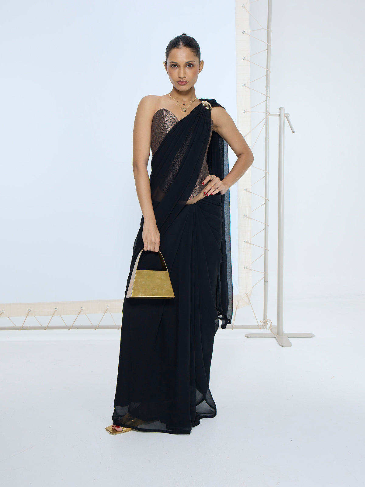Midnight Black Movable Brooch Saree