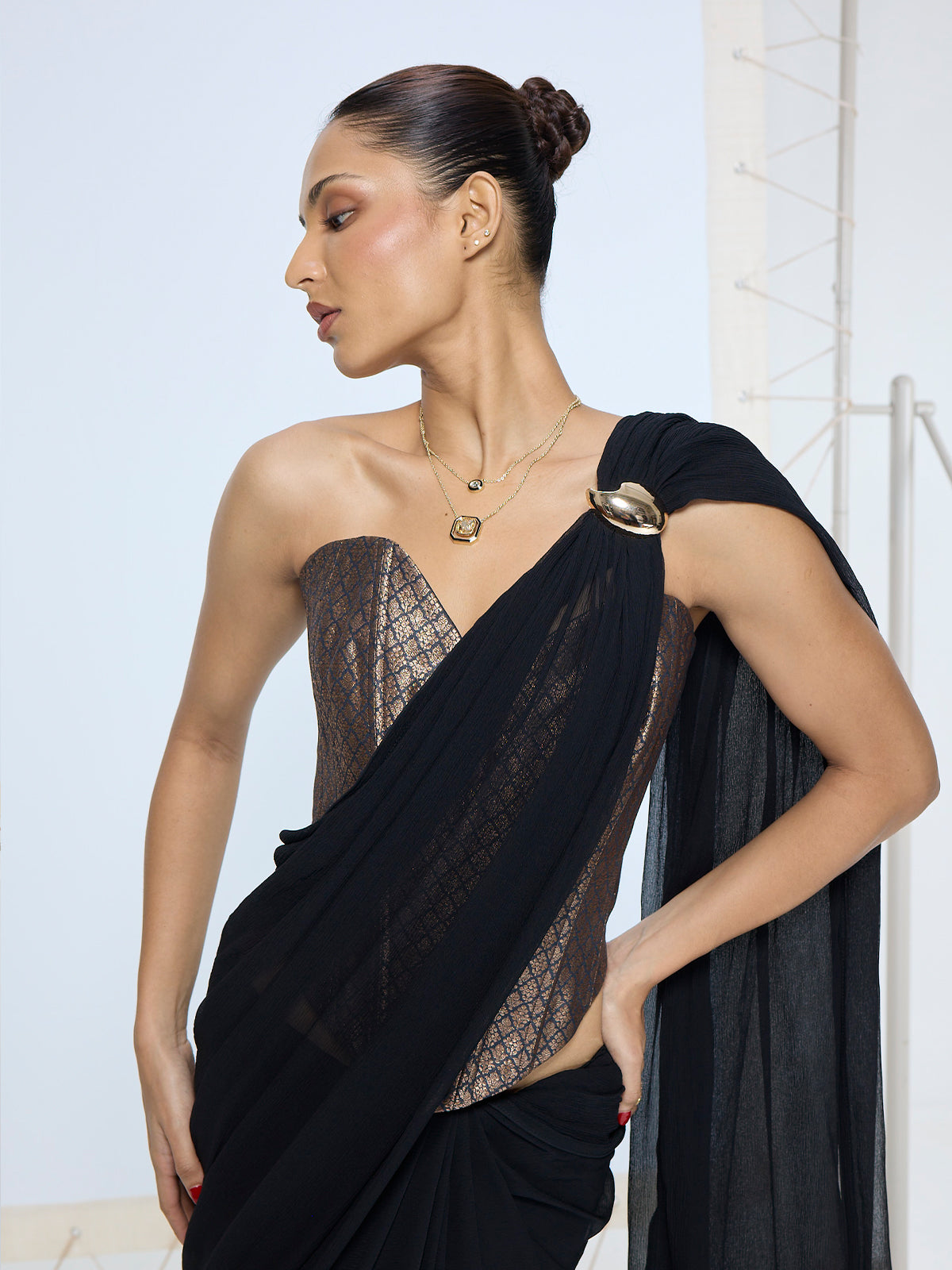 Midnight Black Movable Brooch Saree