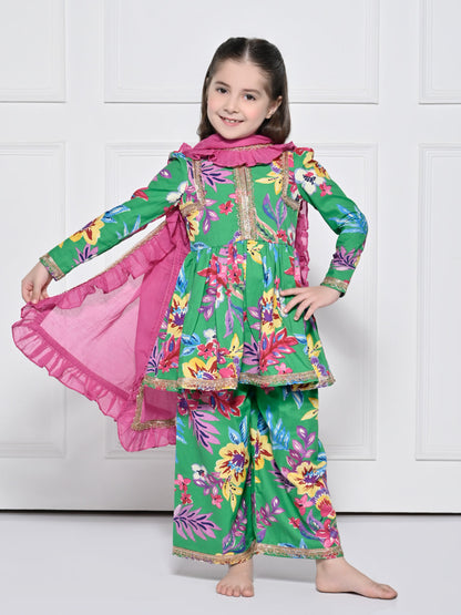 Green Floral Cotton Suit for Girls