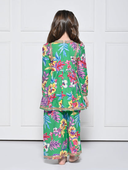 Green Floral Cotton Suit for Girls