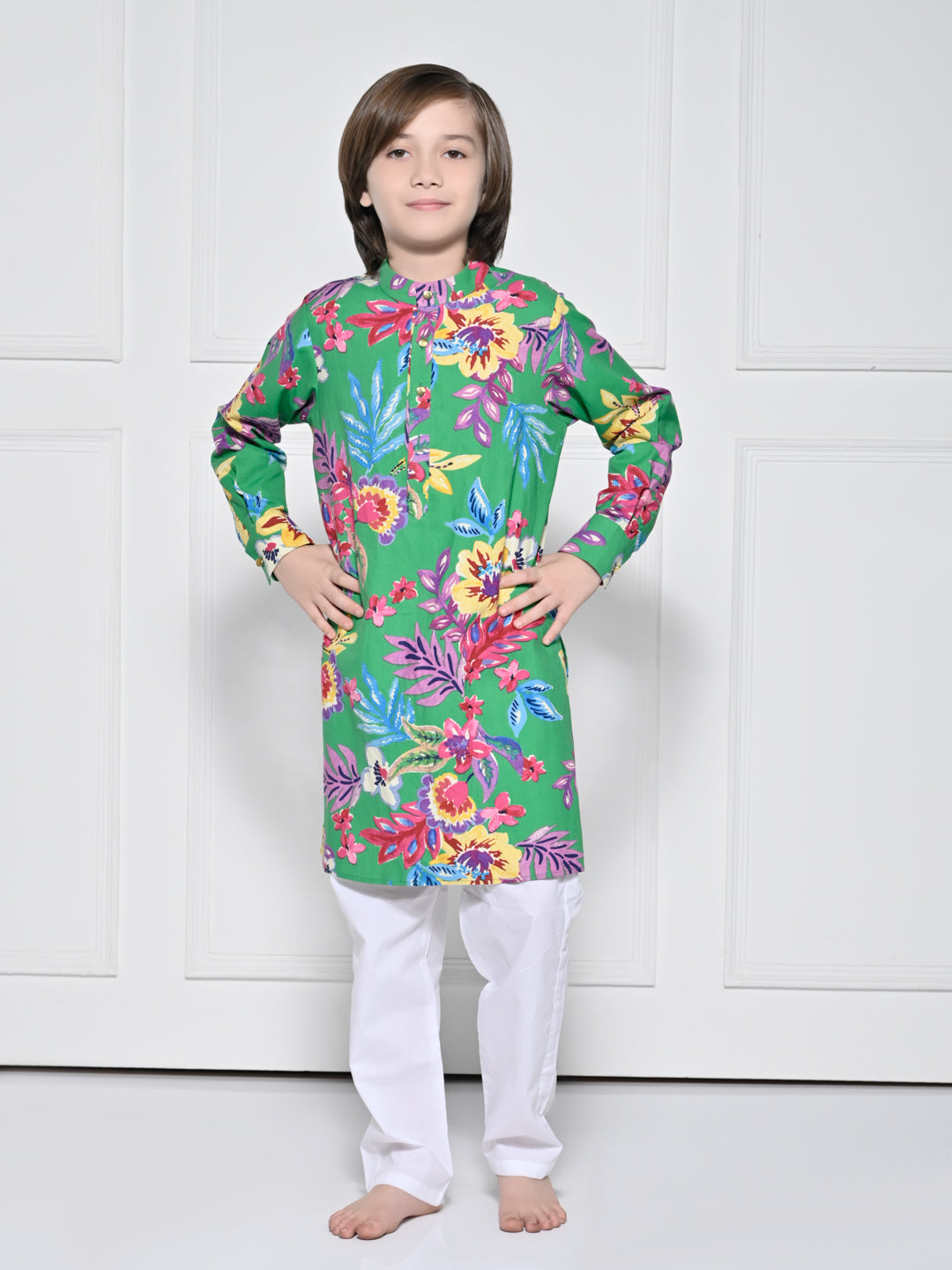Green floral - A Green Floral kurta set for boys