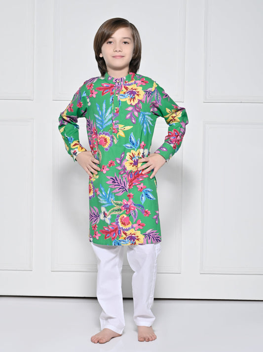 Green floral - A Green Floral kurta set for boys