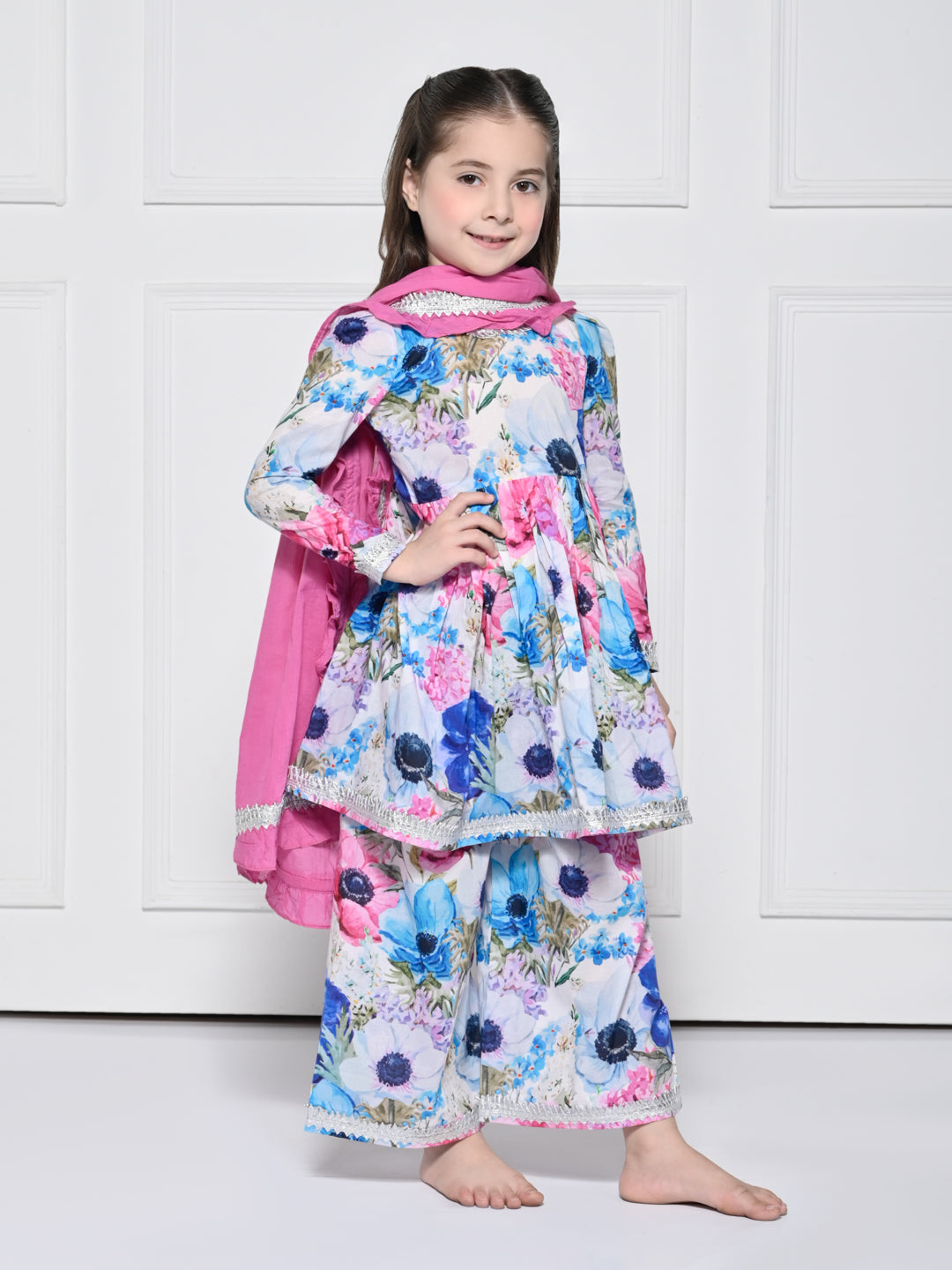 Pink & Blue floral Cotton Suit for Girls