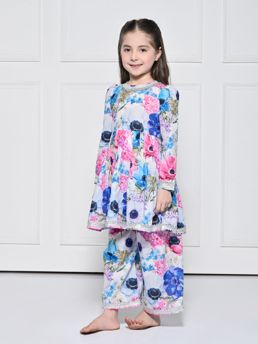 Pink & Blue floral Cotton Suit for Girls