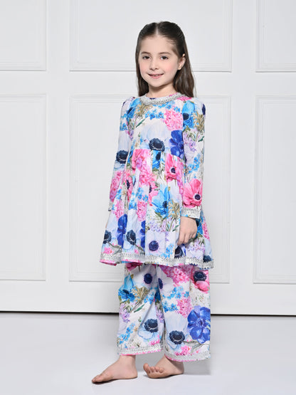 Pink & Blue floral Cotton Suit for Girls