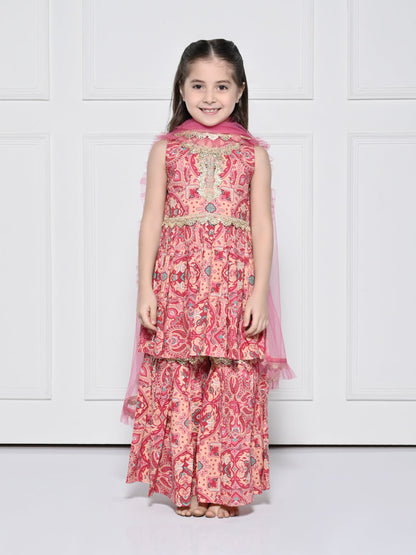 Peach and Pink Abstract - A Peach and Pink Sleeveless Rayon Suit for Girls