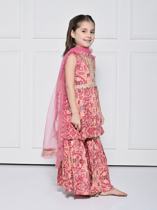 Peach and Pink Abstract - A Peach and Pink Sleeveless Rayon Suit for Girls