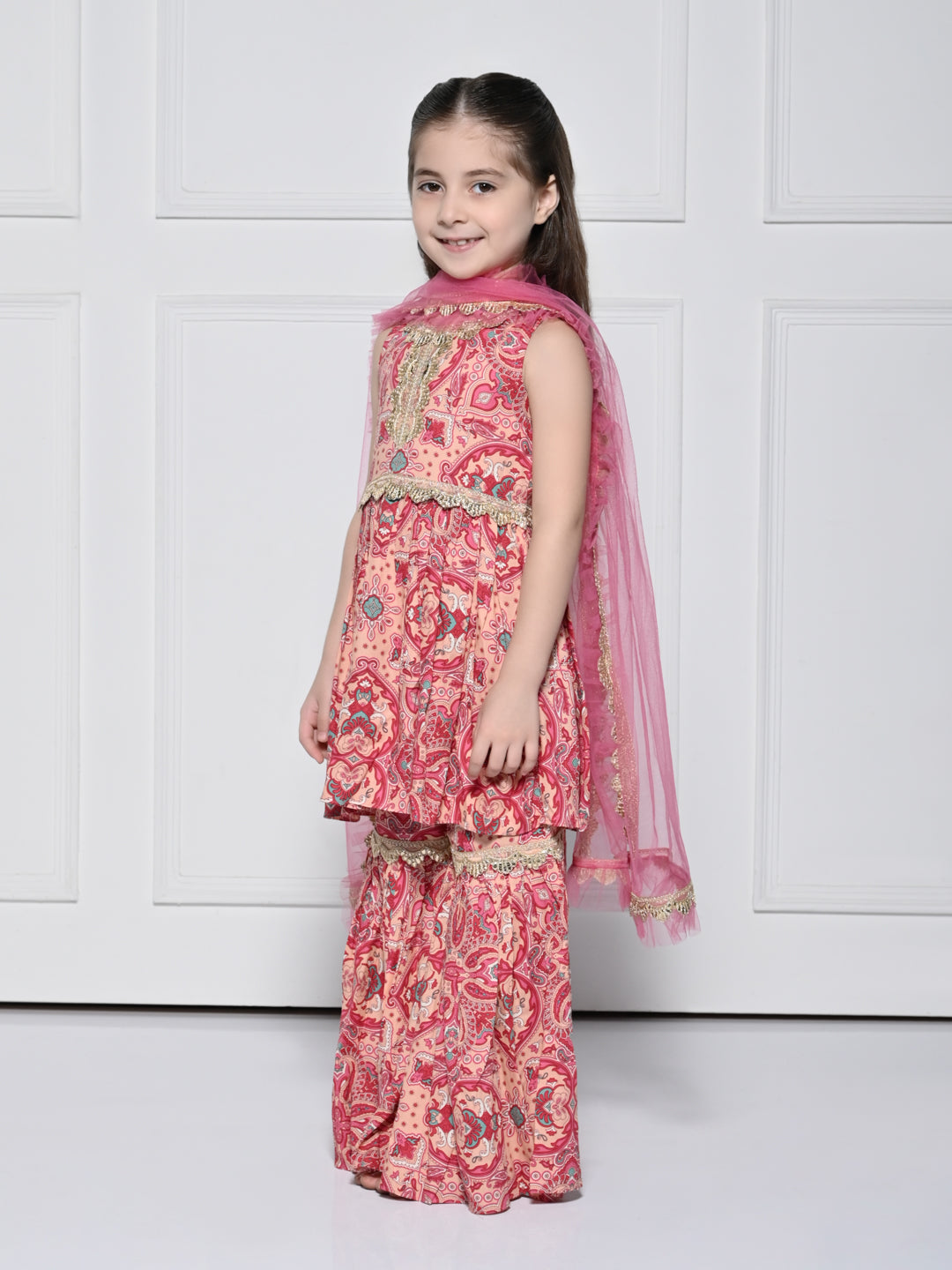Peach and Pink Abstract - A Peach and Pink Sleeveless Rayon Suit for Girls