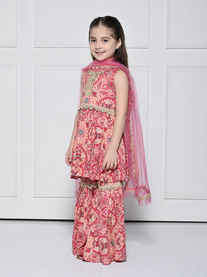 Peach and Pink Abstract - A Peach and Pink Sleeveless Rayon Suit for Girls