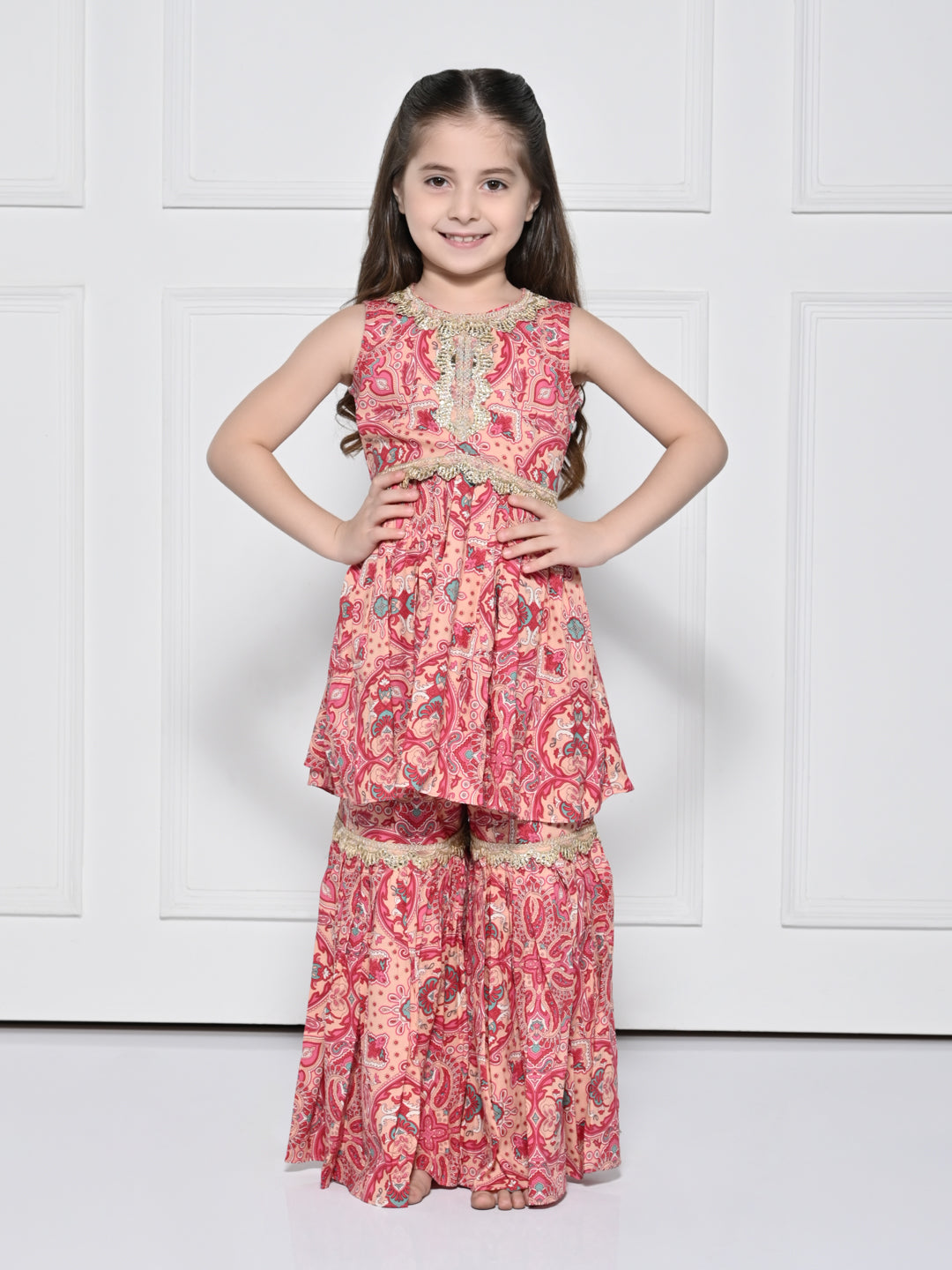 Peach and Pink Abstract - A Peach and Pink Sleeveless Rayon Suit for Girls