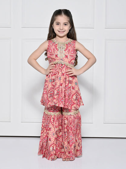 Peach and Pink Abstract - A Peach and Pink Sleeveless Rayon Suit for Girls