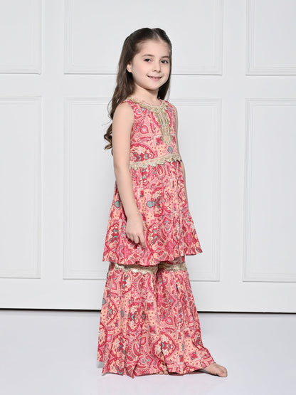 Peach and Pink Abstract - A Peach and Pink Sleeveless Rayon Suit for Girls