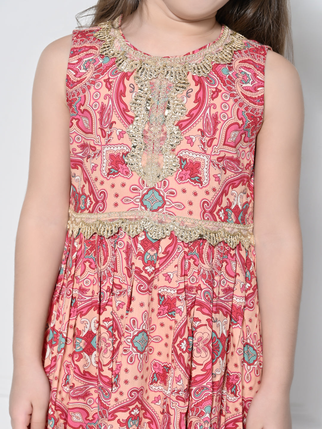 Peach and Pink Abstract - A Peach and Pink Sleeveless Rayon Suit for Girls