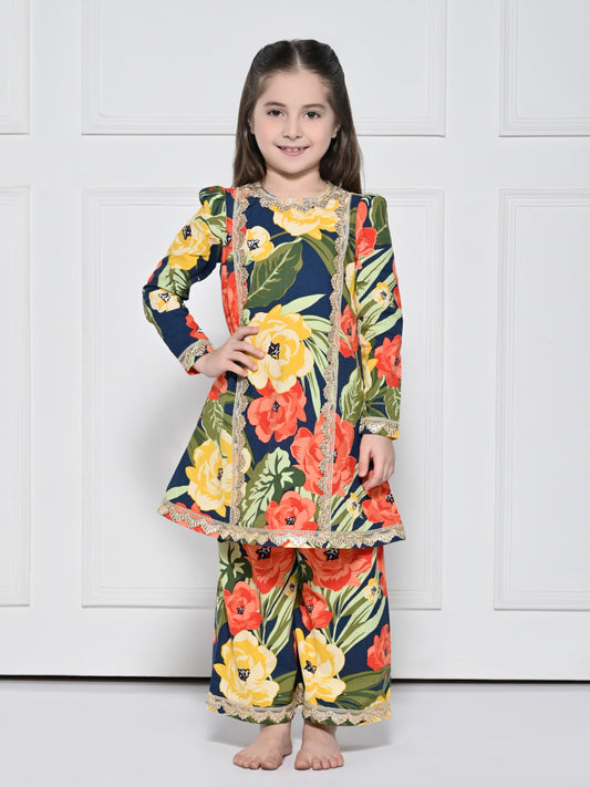 Navy Floral - A Navy Blue Cotton Suit with a Bold Floral Print for girls