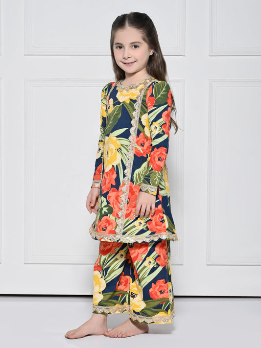 Navy Floral - A Navy Blue Cotton Suit with a Bold Floral Print for girls