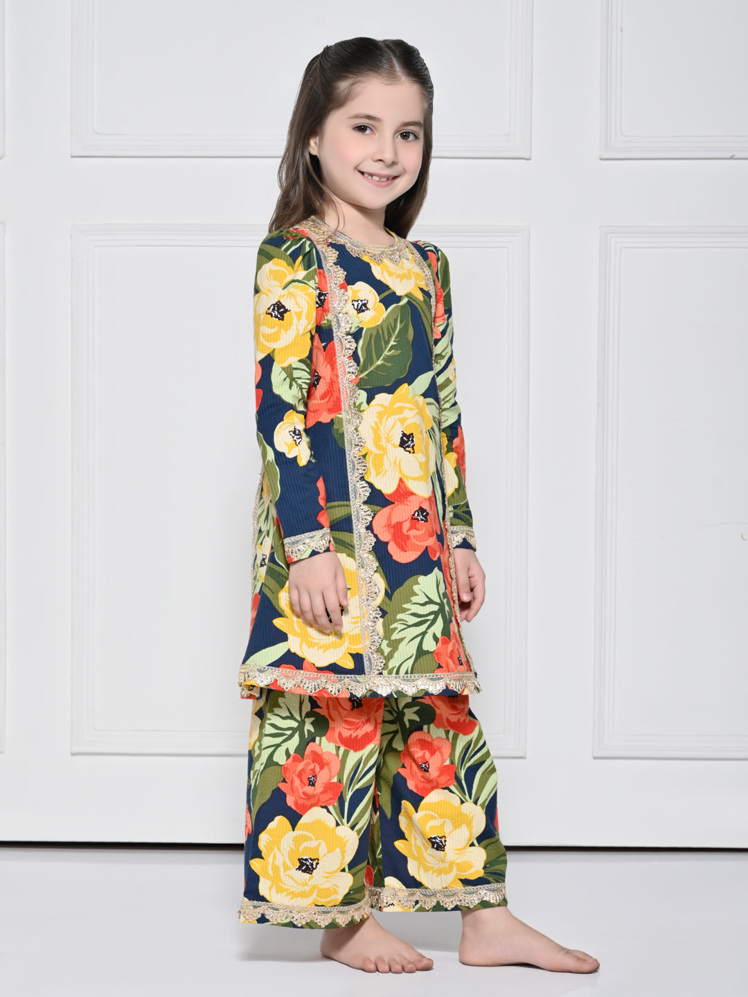 Navy Floral - A Navy Blue Cotton Suit with a Bold Floral Print for girls