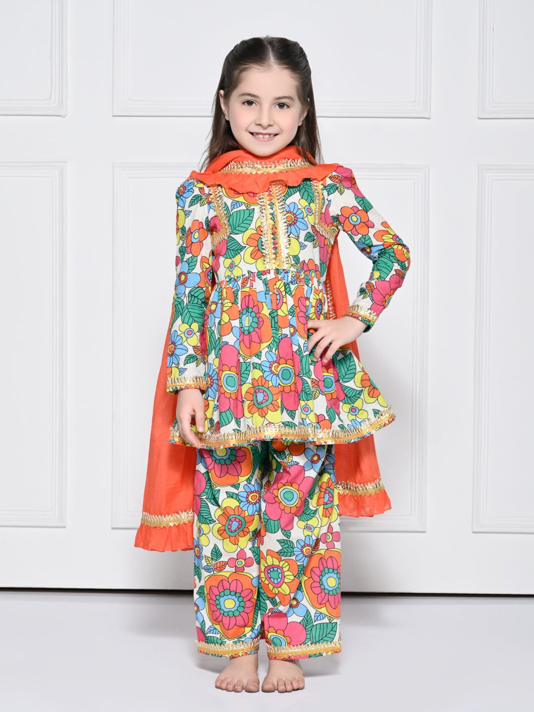 Orange Poppy -  A Bright Orange Floral Print Cotton Suit for Girls