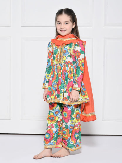 Orange Poppy -  A Bright Orange Floral Print Cotton Suit for Girls