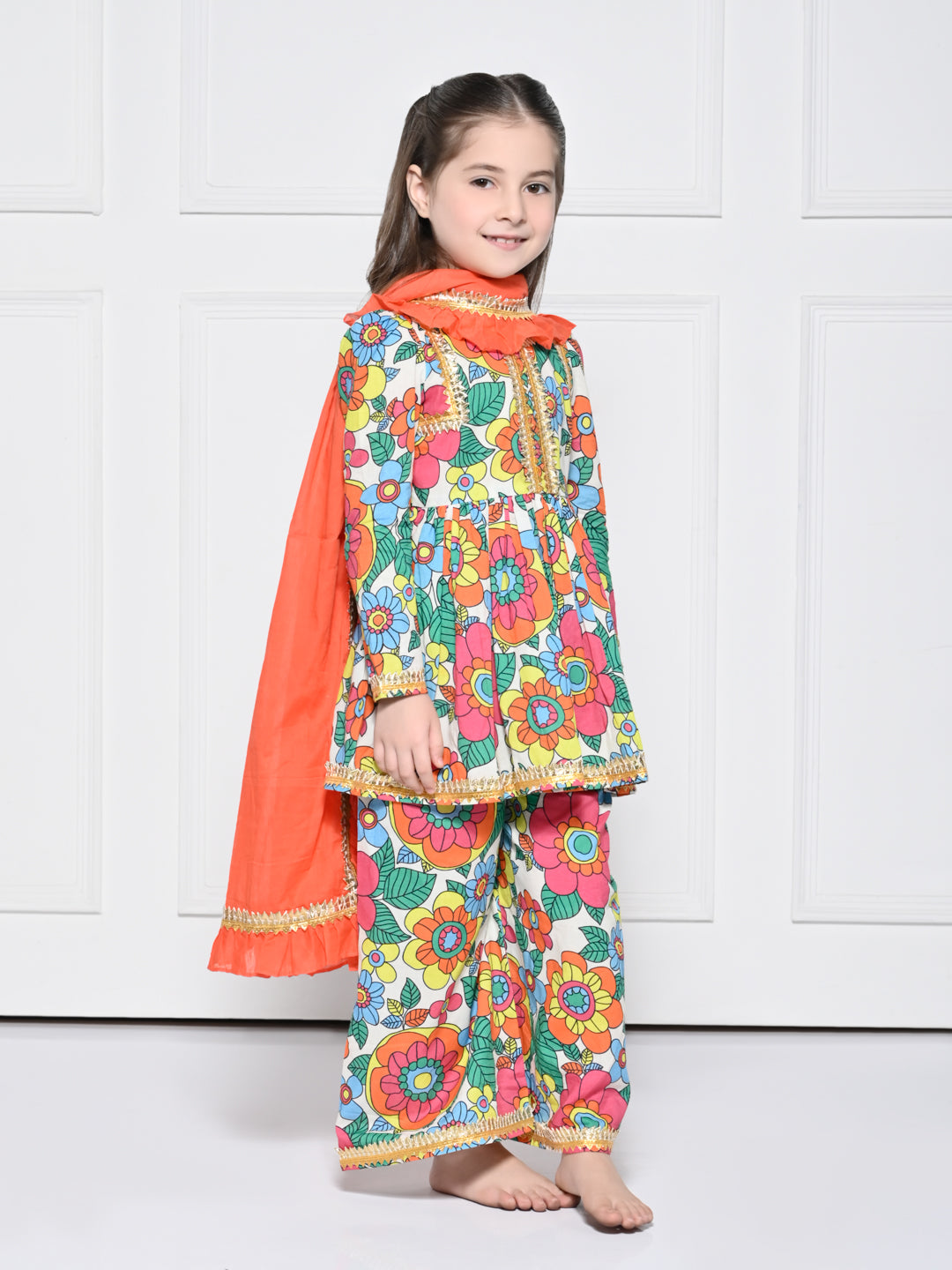 Orange Poppy -  A Bright Orange Floral Print Cotton Suit for Girls