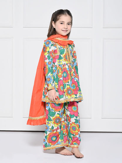 Orange Poppy -  A Bright Orange Floral Print Cotton Suit for Girls