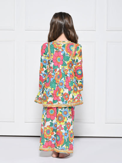 Orange Poppy -  A Bright Orange Floral Print Cotton Suit for Girls