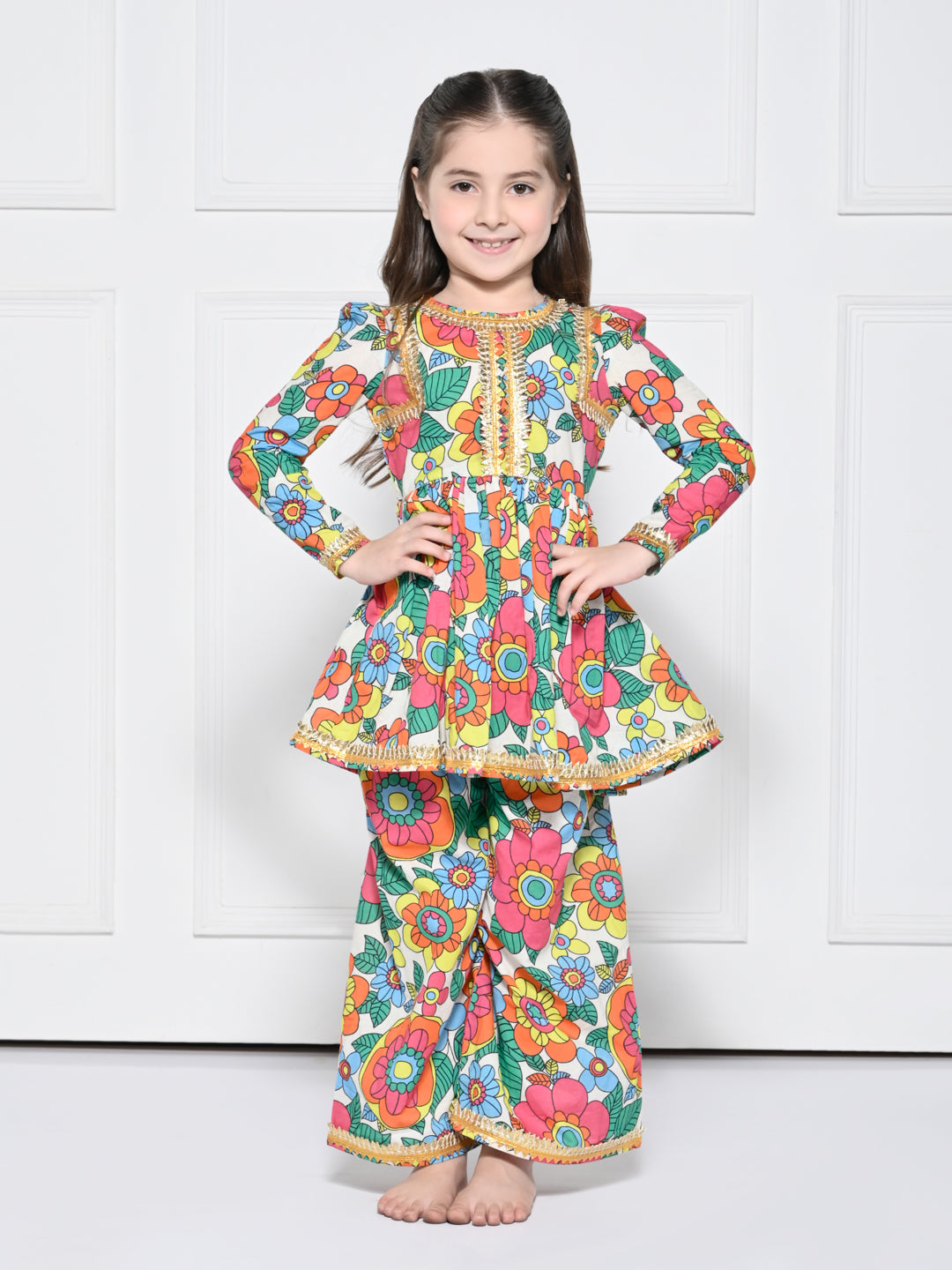 Orange Poppy -  A Bright Orange Floral Print Cotton Suit for Girls