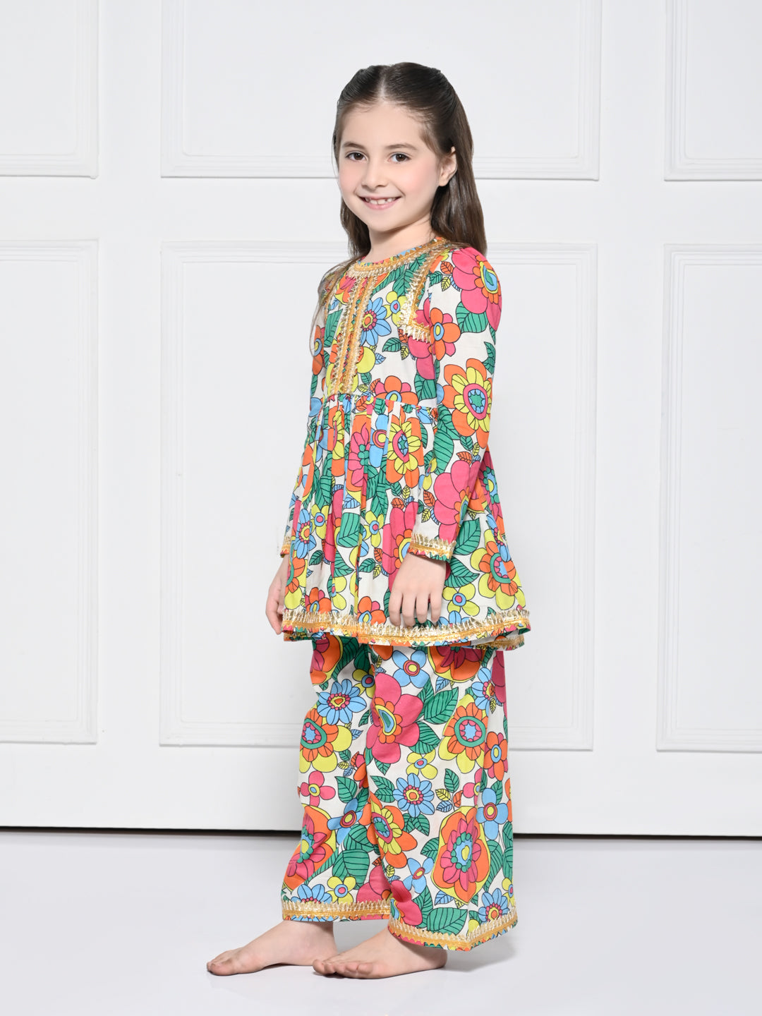 Orange Poppy -  A Bright Orange Floral Print Cotton Suit for Girls