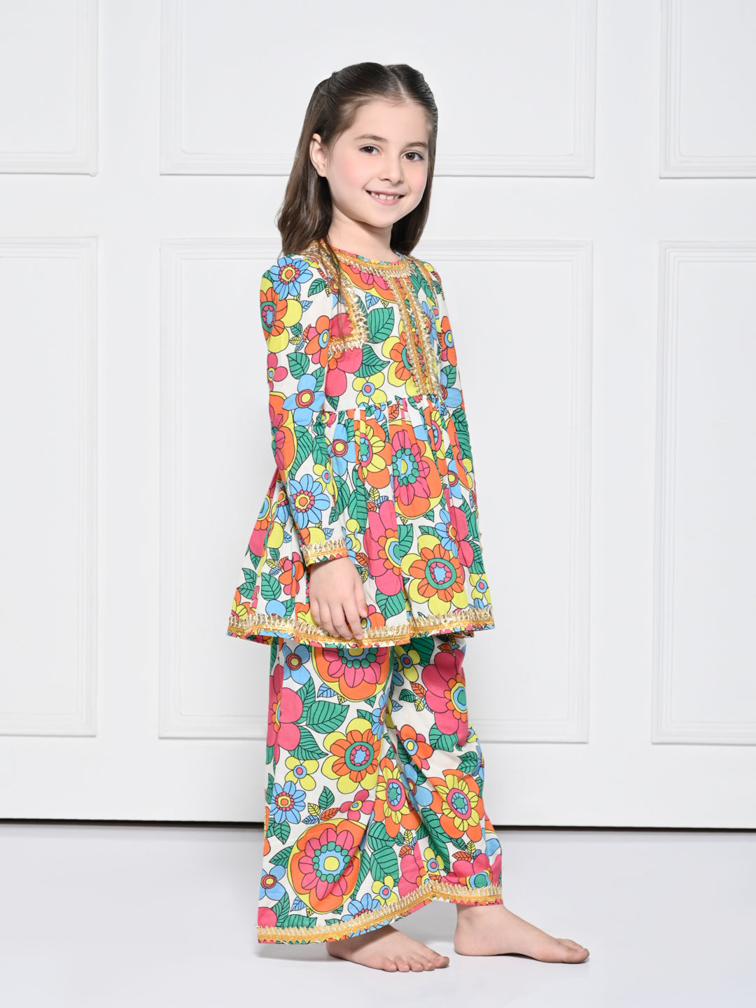 Orange Poppy -  A Bright Orange Floral Print Cotton Suit for Girls