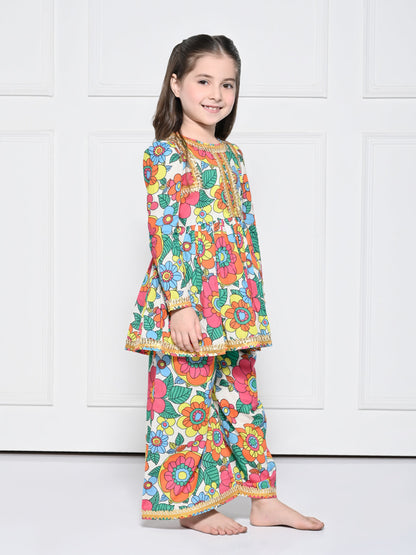 Orange Poppy -  A Bright Orange Floral Print Cotton Suit for Girls