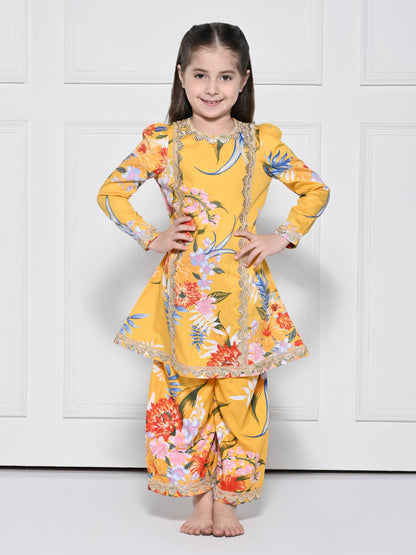 Yellow  Floral - A Yellow Rayon Suit with a Floral Print for girls