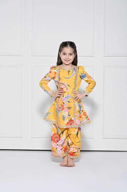 Yellow  Floral - A Yellow Rayon Suit with a Floral Print for girls