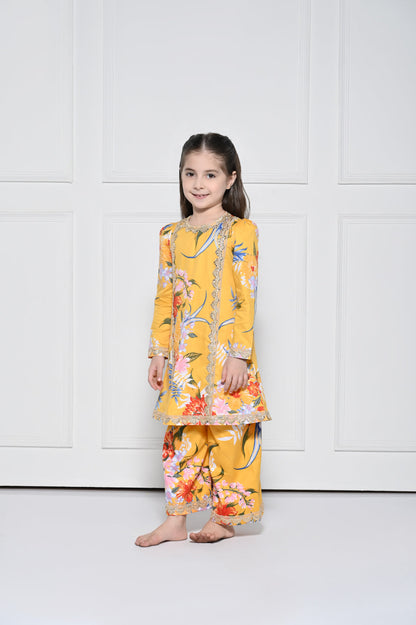 Yellow  Floral - A Yellow Rayon Suit with a Floral Print for girls