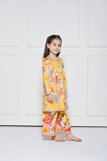 Yellow  Floral - A Yellow Rayon Suit with a Floral Print for girls