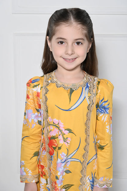 Yellow  Floral - A Yellow Rayon Suit with a Floral Print for girls