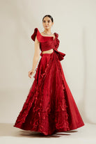 Crimson Sequin Embroidered Shoulder Blouse and Skirt Set